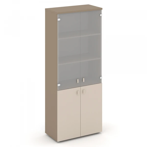Шкаф высокий широкий (2 низких фасада ЛДСП + 2 средних фасада стекло сатин матовый) ES.ST-1.2. Фото 1