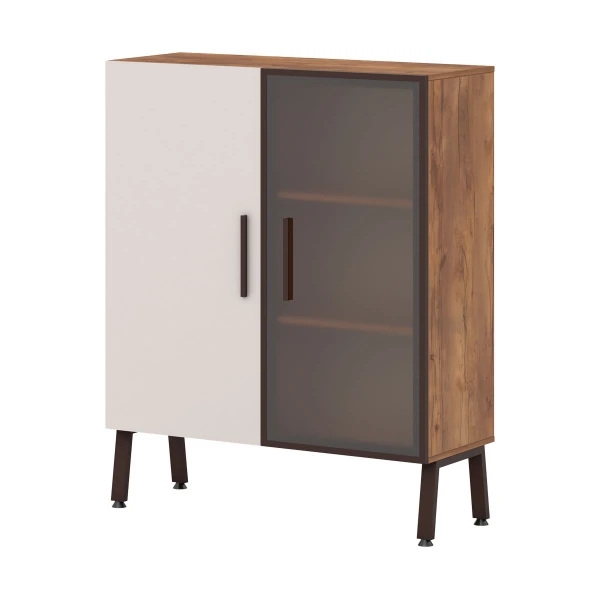 Стеллаж, 6 полок с 1 стеклянной дверью и 1 дверью из ЛДСП Т-605. Фото 1