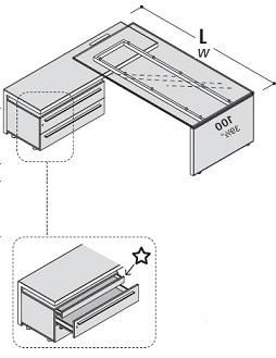 Стол с приставной тумбой, стеклянная столешница, левый